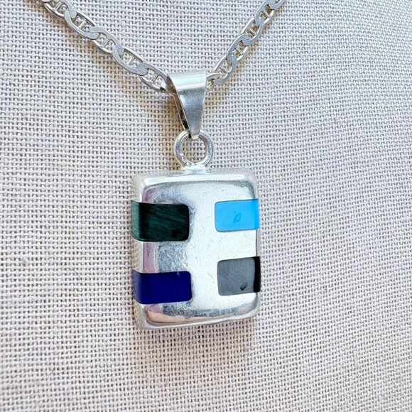 Sterling Silver 925 Multi Gemstone Southwestern Pendant Necklace Size 23" Length - Picture 1 of 16